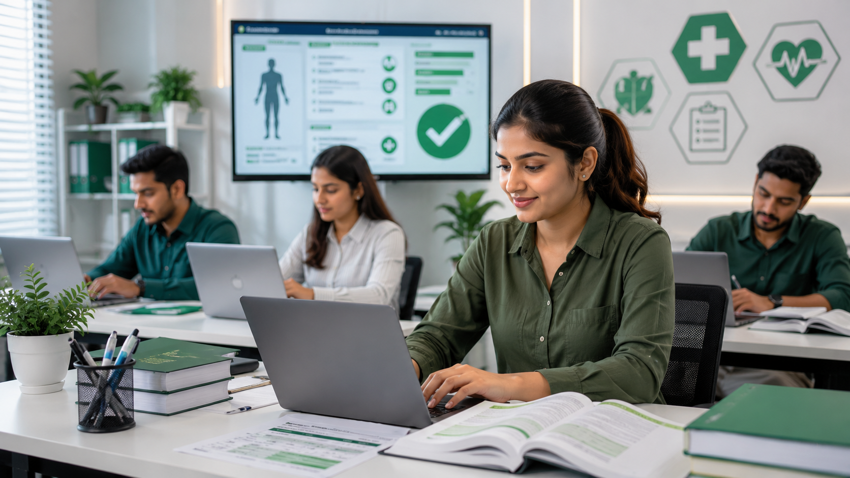 Students learning medical coding in a classroom environment