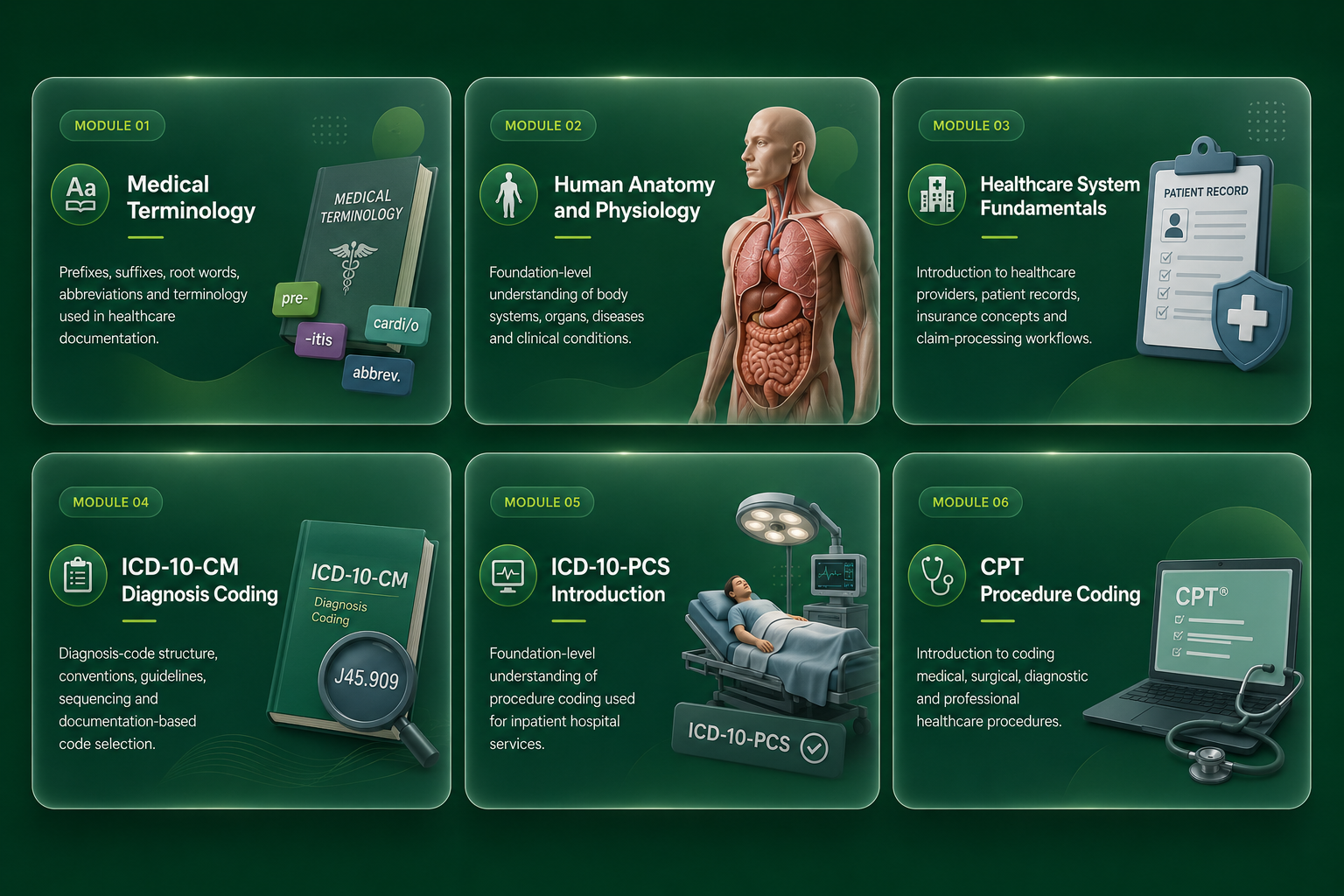 Modules 01 to 06: Medical terminology, anatomy, healthcare systems, ICD-10-CM, ICD-10-PCS and CPT procedure coding
