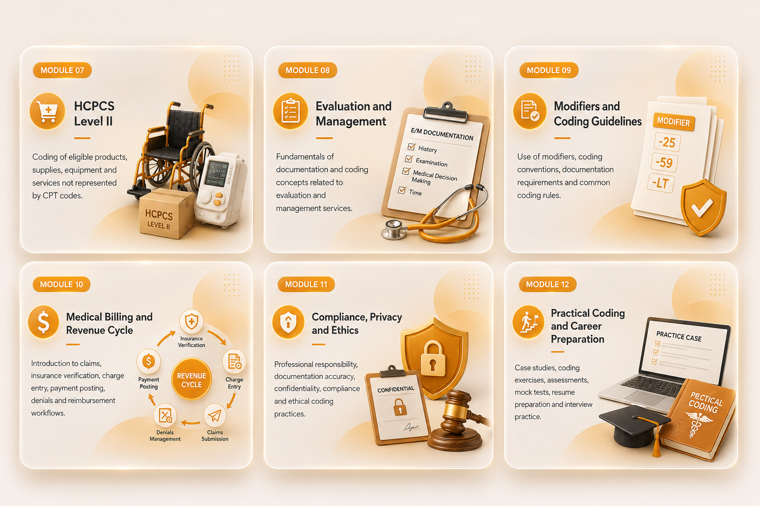 Alternate modules 07 to 12 orange course cards with HCPCS, evaluation, modifiers, billing, compliance and career preparation