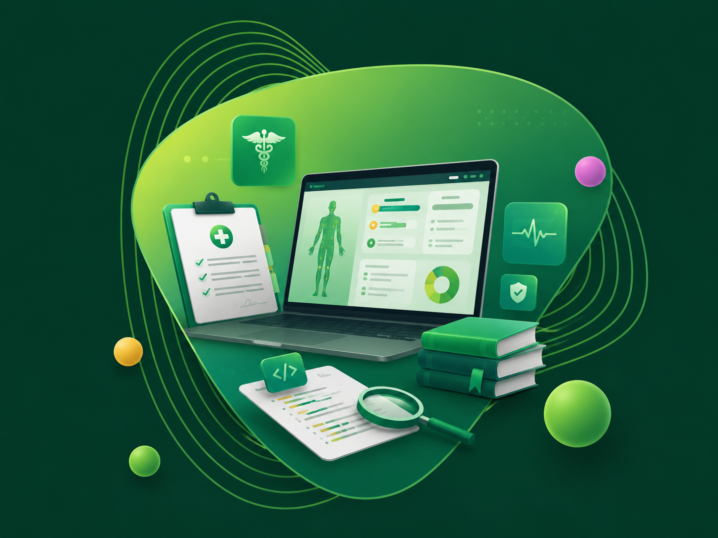 Green medical coding dashboard with code review materials